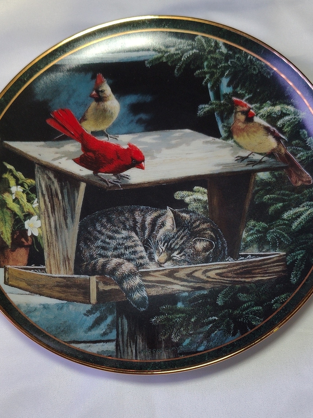 The Bradford Exchange Cat & Cardinals Decorative Plate — Brown, Red, Green